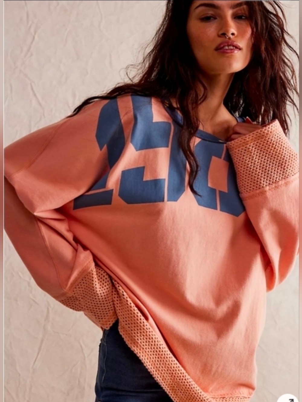 Free People Courtside long sleeved Graphic Tee Peach "1989" Size Medium NWT$